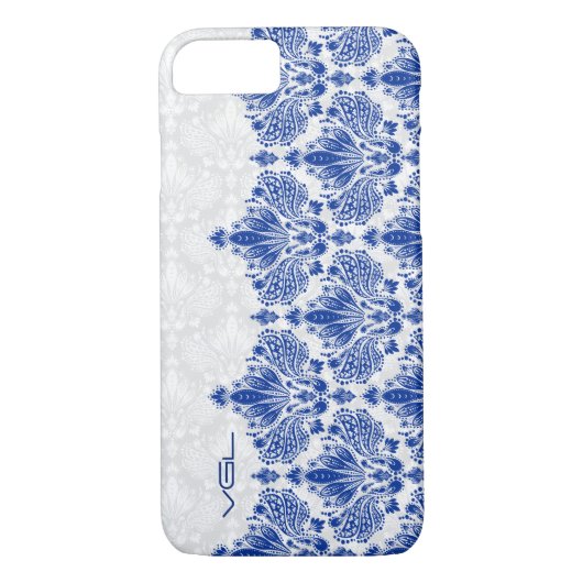 Marine Blauw & Wit Bloemen Damasks Case-Mate iPhone Case (Achterkant)
