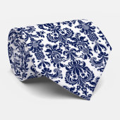 Marine Blauw & Wit Bloemen Damasks Patroon Stropdas (Opgerold)
