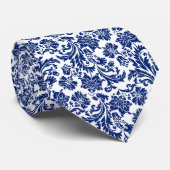 Marine Blauw & Wit Bloemen Damasks Patroon Stropdas (Opgerold)
