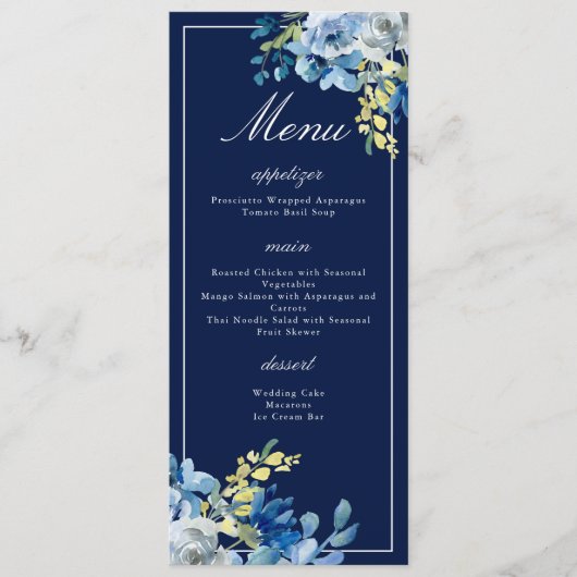 Marine Blauw Wit Bloemen Elegant Bruiloft Diner Me Menu (Voorkant)