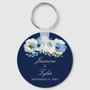 Marine Blauw Wit Bloemen Elegante Huwelijksgunst Sleutelhanger
