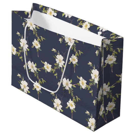 Marine Blauw Wit Bloemen Groot Cadeauzakje (Voorkant Gekanteld)