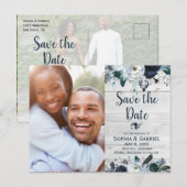 Marine Blauw Wit Bloemen Hout Wedding Save the Dat Aankondigingskaart (Voorkant / Achterkant)