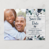 Marine Blauw Wit Bloemen Hout Wedding Save the Dat Aankondigingskaart (Voorkant)