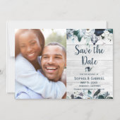 Marine Blauw Wit Bloemen Hout Wedding Save the Dat Magnetische Uitnodiging (Voorkant)