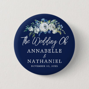 Marine Blauw Wit Bloemen Huwelijk Gepersonaliseerd Ronde Button 5,7 Cm