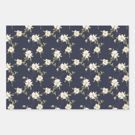 Marine Blauw Wit Bloemen Inpakpapier Vel (Voorkant)