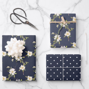 Marine Blauw Wit Bloemen Inpakpapier Vel