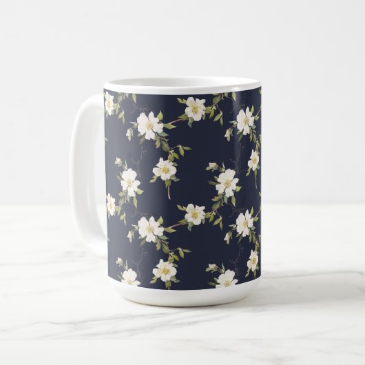 Marine Blauw Wit Bloemen Koffiemok (Voorkant links)