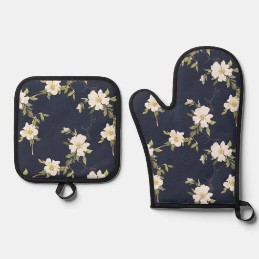 Marine Blauw Wit Bloemen Ovenwant & Pannenlap Set (Voorkant)