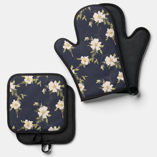 Marine Blauw Wit Bloemen Ovenwant & Pannenlap Set (Voorkant / Achterkant)