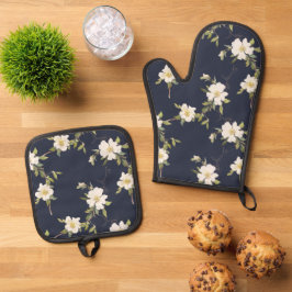 Marine Blauw Wit Bloemen Ovenwant & Pannenlap Set