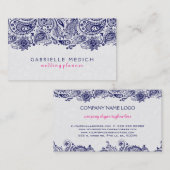 Marine Blauw & Wit Bloemen Paisley Kant Visitekaartje (Voorkant / Achterkant)