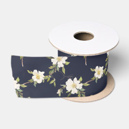 Marine Blauw Wit Bloemen Satijnen Lint