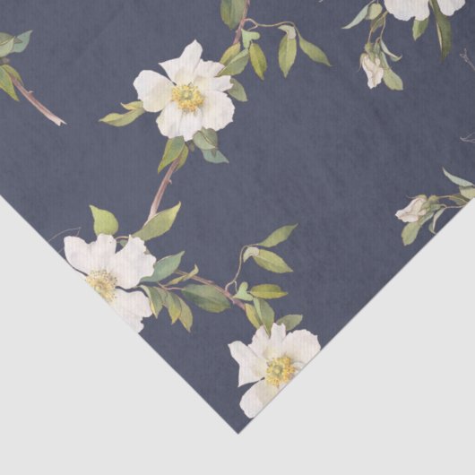 Marine Blauw Wit Bloemen Tissuepapier (Detail)