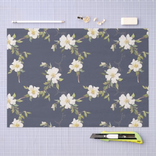 Marine Blauw Wit Bloemen Tissuepapier (Craft)