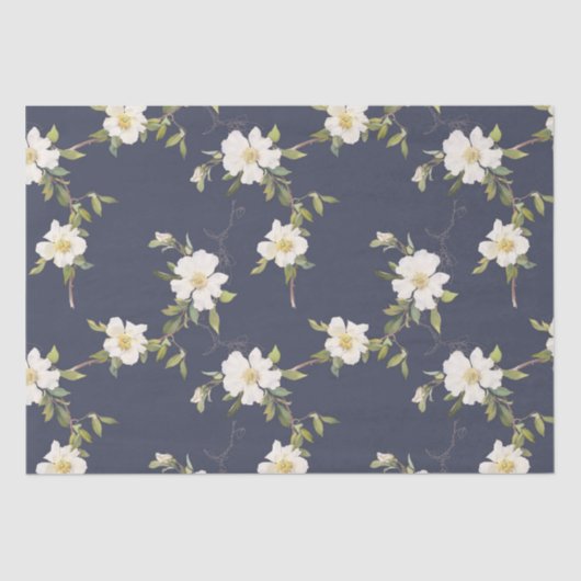 Marine Blauw Wit Bloemen Tissuepapier (Voorkant)