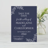 Marine Blauw Wit Botanische Boho Fotobruiloft Save The Date (Staand voorkant)
