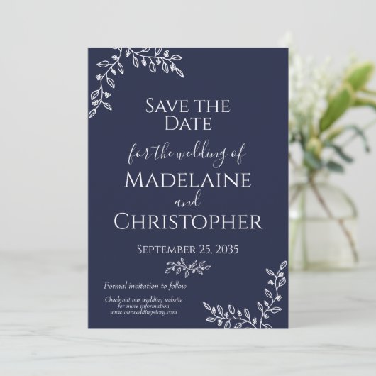 Marine Blauw Wit Botanische Boho Fotobruiloft Save The Date (Staand voorkant)