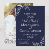 Marine Blauw Wit Botanische Boho Fotobruiloft Save The Date (Voorkant / Achterkant)