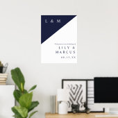Marine Blauw Wit Chic Monogram Huwelijk Welkom Tek Poster (Thuiskantoor)