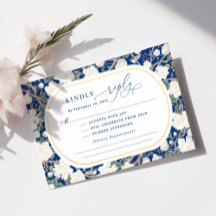 Marine Blauw Wit Chinoiserie Bloemen Huwelijk RSVP