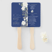 Marine blauw Wit Chinoiserie Bloemen Trouwprogramm Handwaaier (Voorkant en achterkant)