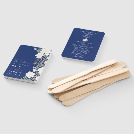 Marine blauw Wit Chinoiserie Bloemen Trouwprogramm Handwaaier (Niet-gemonteerd)