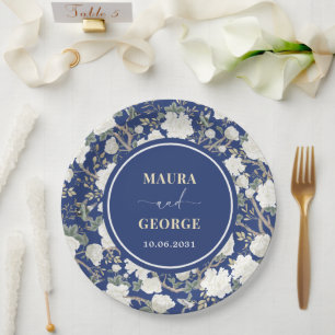 Marine Blauw Wit Chinoiserie Bloemen Vogels Huweli Papieren Bordje