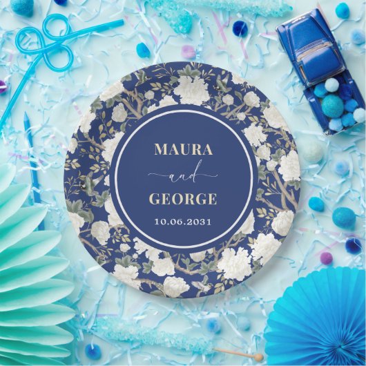 Marine Blauw Wit Chinoiserie Bloemen Vogels Huweli Papieren Bordje (Feest)