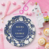 Marine Blauw Wit Chinoiserie Bloemen Vogels Huweli Papieren Bordje (Feest)