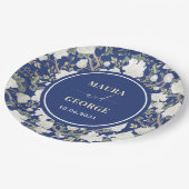 Marine Blauw Wit Chinoiserie Bloemen Vogels Huweli Papieren Bordje (Gekanteld)