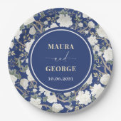 Marine Blauw Wit Chinoiserie Bloemen Vogels Huweli Papieren Bordje (Voorkant)