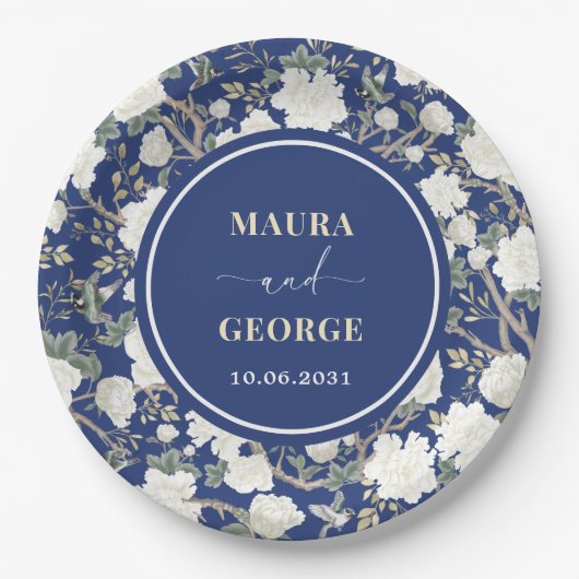 Marine Blauw Wit Chinoiserie Bloemen Vogels Huweli Papieren Bordje (Voorkant)
