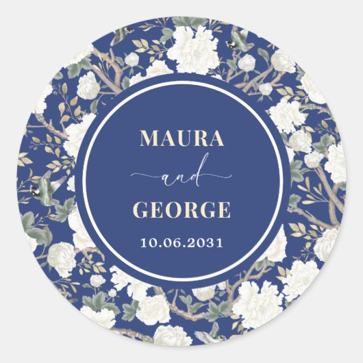 Marine Blauw Wit Chinoiserie Bloemen Vogels Huweli Ronde Sticker (Voorkant)