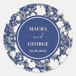 Marine Blauw Wit Chinoiserie Bloemen Vogels Huweli Ronde Sticker