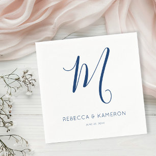 Marine Blauw & Wit Eenvoudig Elegant Monogram Huwe Servet