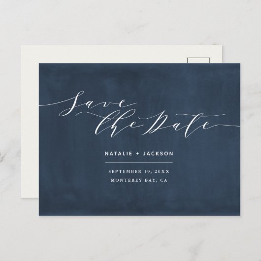 Marine blauw + wit elegante bruiloft save the date briefkaart (Voorkant / Achterkant)