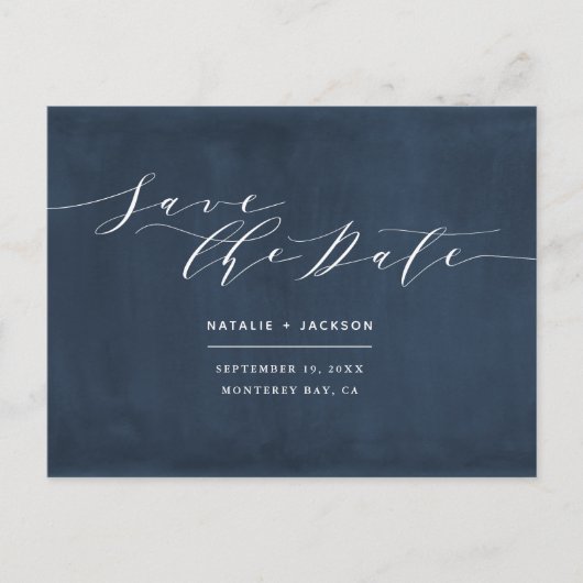 Marine blauw + wit elegante bruiloft save the date briefkaart (Voorkant)