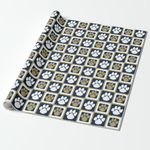 Marine Blauw, Wit en Goud Herhalende Pawprint Cadeaupapier