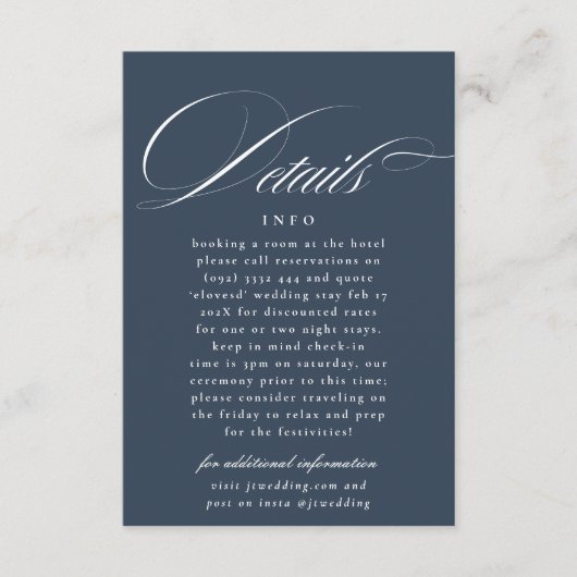 Marine Blauw Wit Formele Kalligrafie Wedding Detai Informatiekaartje (Voorkant)