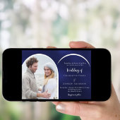 Marine blauw wit foto boog bruiloft kaart