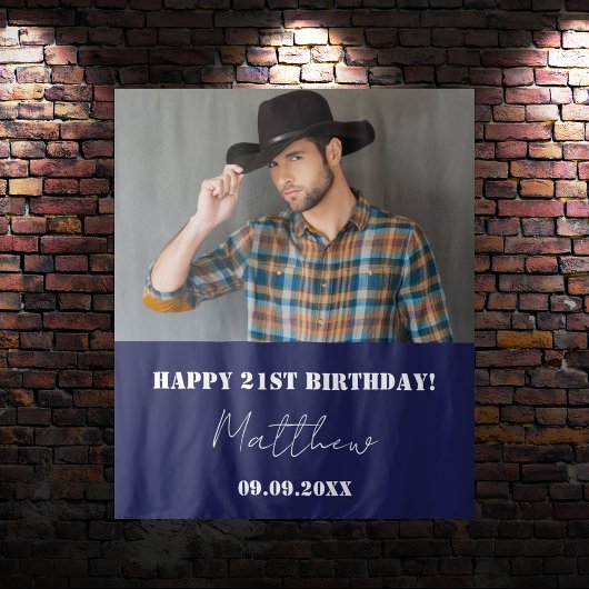 Marine blauw wit foto man verjaardagsfeestje wandkleed