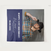 Marine blauw wit foto man verjaardagsfeestje wandkleed (Voorkant (horizontaal))