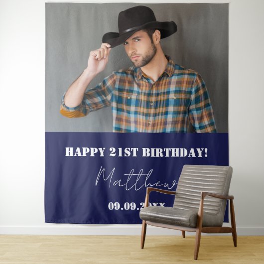 Marine blauw wit foto man verjaardagsfeestje wandkleed (In situ)