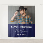 Marine blauw wit foto man verjaardagsfeestje wandkleed (Voorkant)