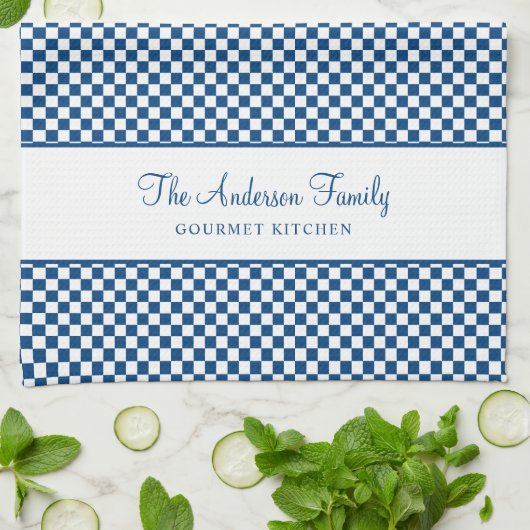 Marine Blauw Wit Frans Plakken Check Country Gourm Theedoek (Gevouwen)