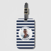 Marine Blauw Wit Gestreepte Nautische Foto Bagagelabel (Voorkant (verticaal))