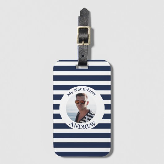 Marine Blauw Wit Gestreepte Nautische Foto Bagagelabel (Voorkant (verticaal))