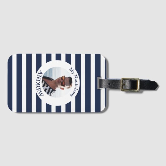 Marine Blauw Wit Gestreepte Nautische Foto Bagagelabel (Voorkant (horizontaal))